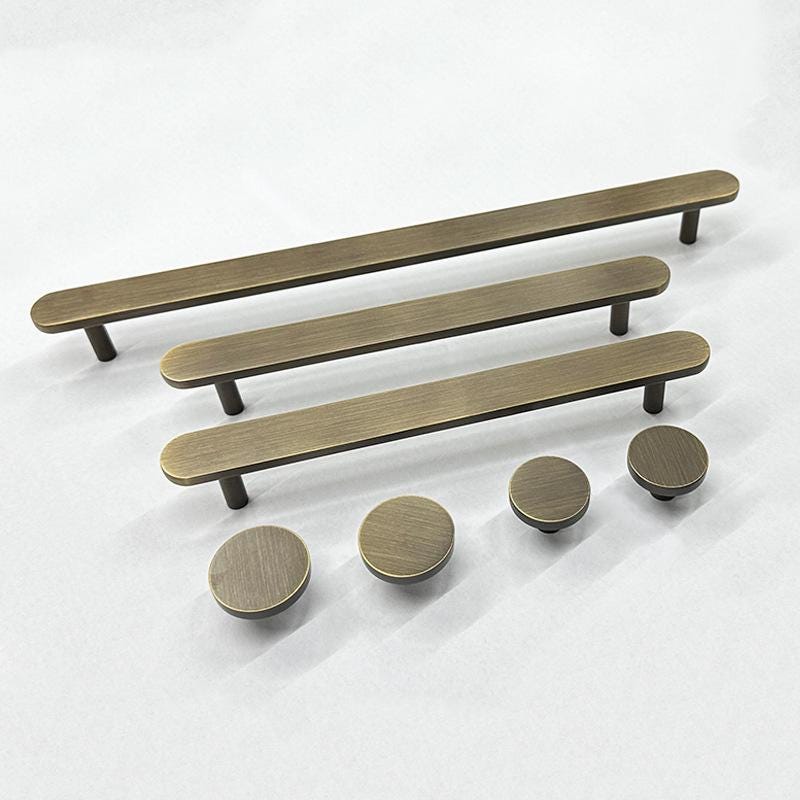 Solid Brass Minimalist Cabinet Handles and Round Knobs in Antique Bronze Finish for Modern Kitchen Drawers and Wardrobe Furniture