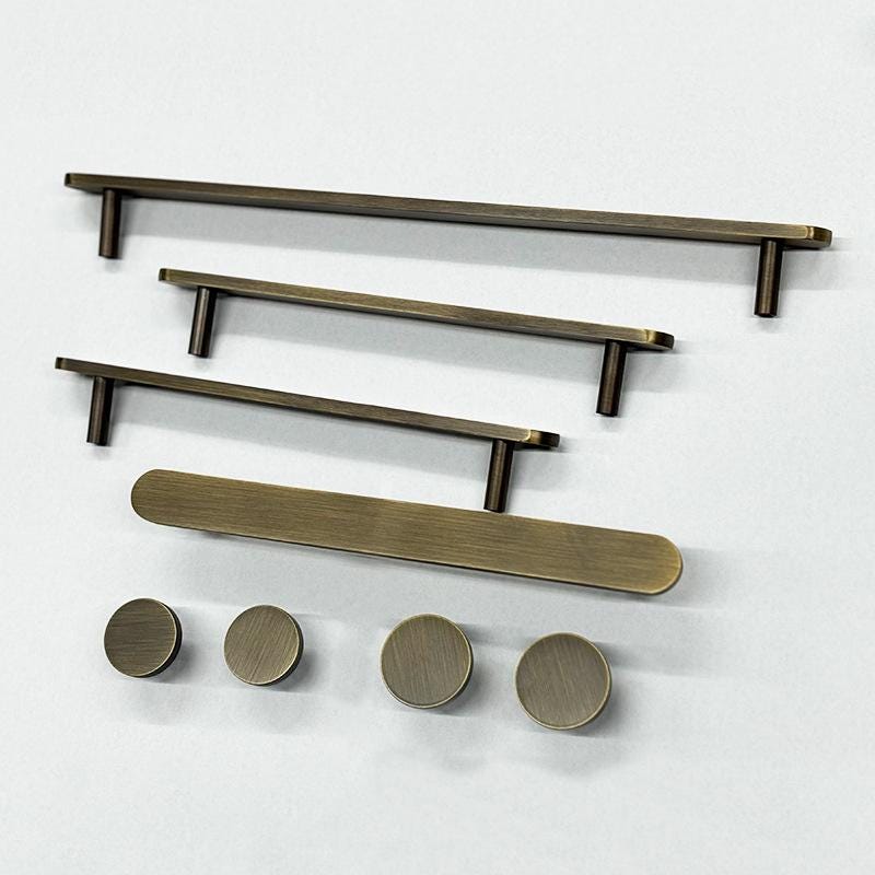 Solid Brass Minimalist Cabinet Handles and Round Knobs in Antique Bronze Finish for Modern Kitchen Drawers and Wardrobe Furniture