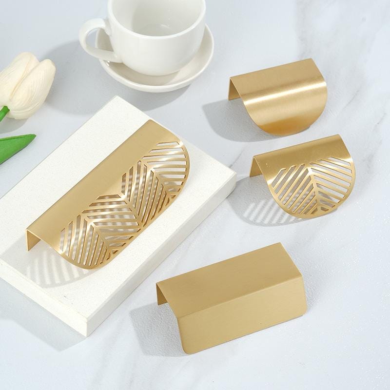 Solid Brass Gold Finger Pull Handles with Modern Cutout Leaf Design and Minimalist Edge Pulls for Kitchen Cabinets and Furniture Drawers