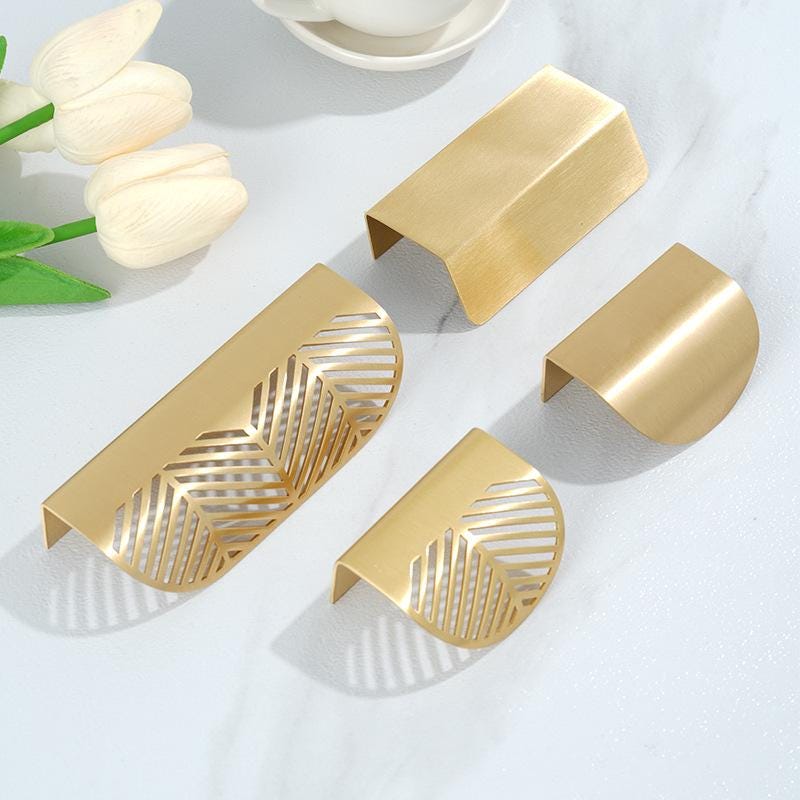 Solid Brass Gold Finger Pull Handles with Modern Cutout Leaf Design and Minimalist Edge Pulls for Kitchen Cabinets and Furniture Drawers