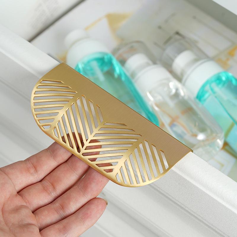 Solid Brass Gold Finger Pull Handles with Modern Cutout Leaf Design and Minimalist Edge Pulls for Kitchen Cabinets and Furniture Drawers