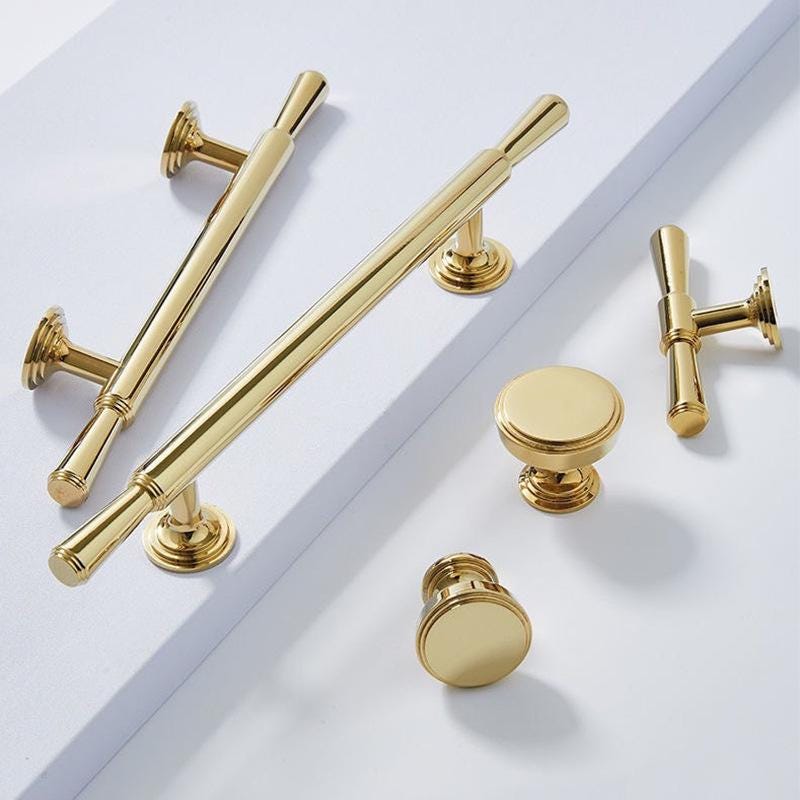 Polished Solid Brass Cabinet Handles in Classic Style Featuring T-Bar and Knob Designs for Luxury Kitchens and Elegant Furniture Drawers