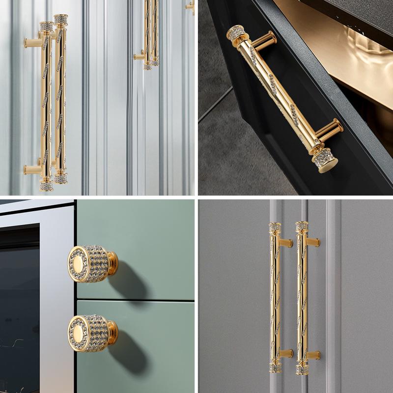 Luxury Gold Metal Cabinet Handles Crystal Drawer Pulls Art Deco Glamorous Dresser Knobs Modern Classic Furniture Hardware Kitchen Handles