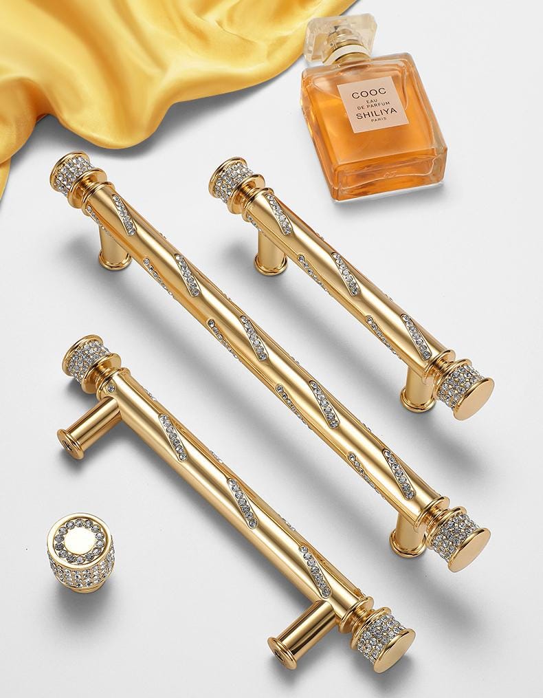 Luxury Gold Metal Cabinet Handles Crystal Drawer Pulls Art Deco Glamorous Dresser Knobs Modern Classic Furniture Hardware Kitchen Handles