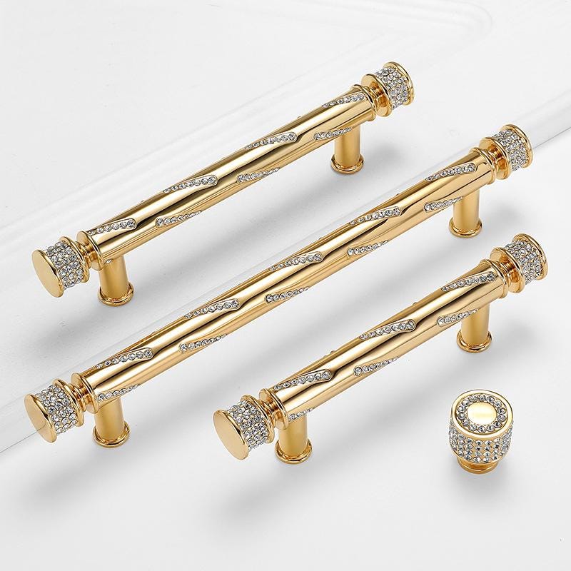 Luxury Gold Metal Cabinet Handles Crystal Drawer Pulls Art Deco Glamorous Dresser Knobs Modern Classic Furniture Hardware Kitchen Handles