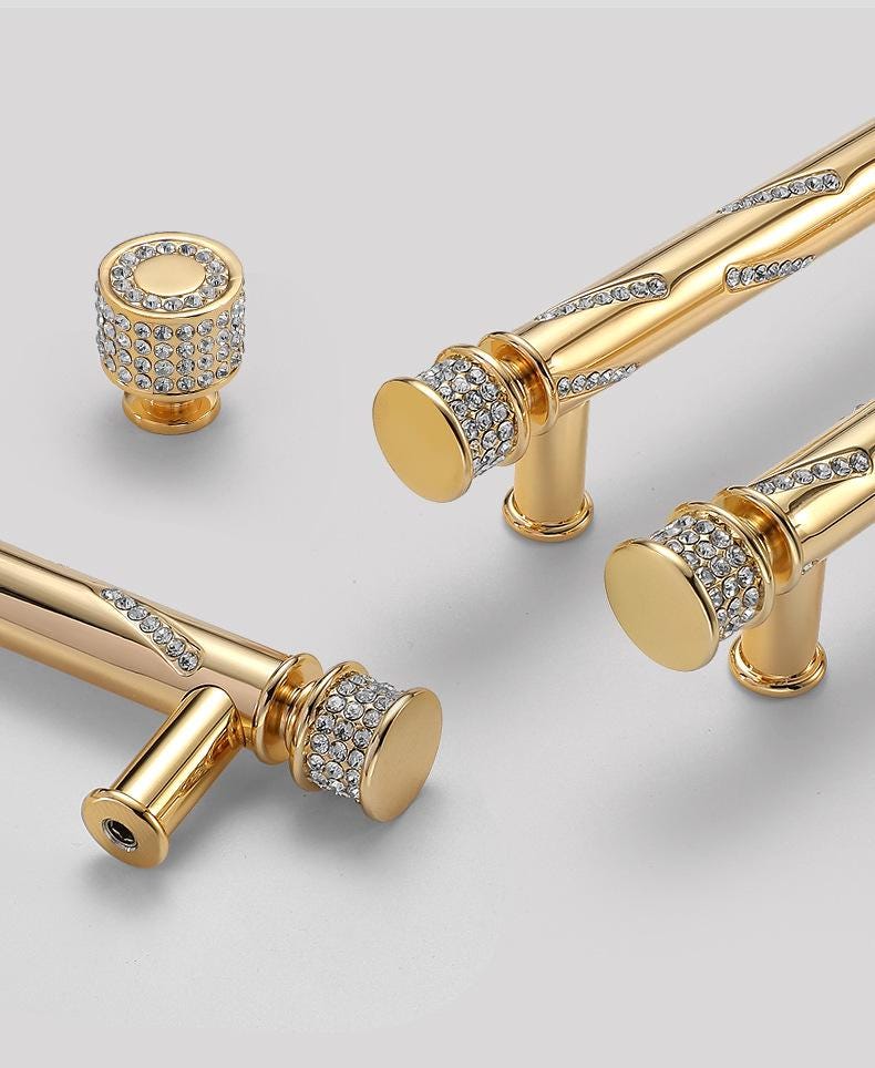 Luxury Gold Metal Cabinet Handles Crystal Drawer Pulls Art Deco Glamorous Dresser Knobs Modern Classic Furniture Hardware Kitchen Handles