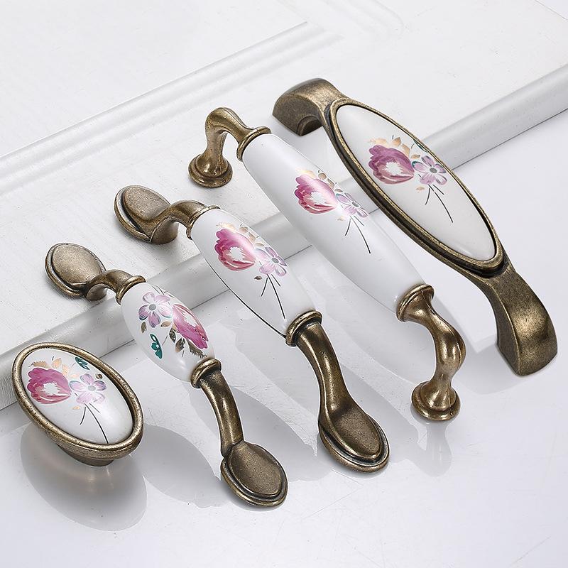 Vintage Ceramic Metal Cabinet Handles Bronze Floral Drawer Pulls Classic Kitchen Knobs Wardrobe Handles Furniture Hardware Provence Style