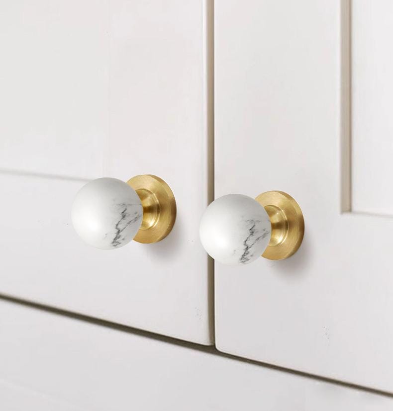 Modern Solid Brass Marble Wood Cabinet Knobs Minimalist Drawer Pulls Neoclassical Wardrobe Handles Round Furniture Hardware Door Knobs