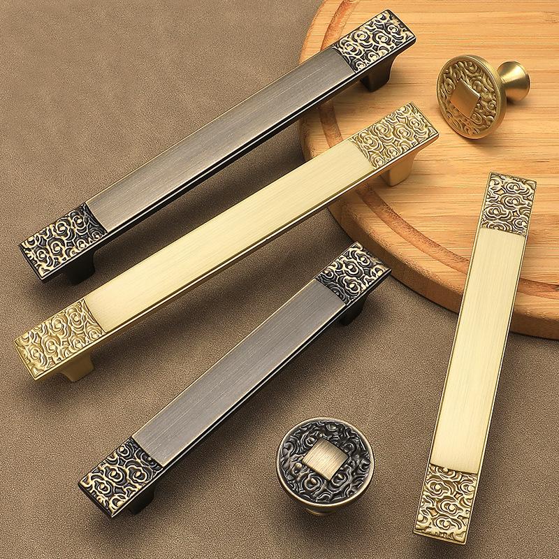 Oriental Chinese Style Solid Brass Cabinet Handles Gold Drawer Pulls Carved Pattern Furniture Knobs Art Deco Door Handles Elegant Hardware