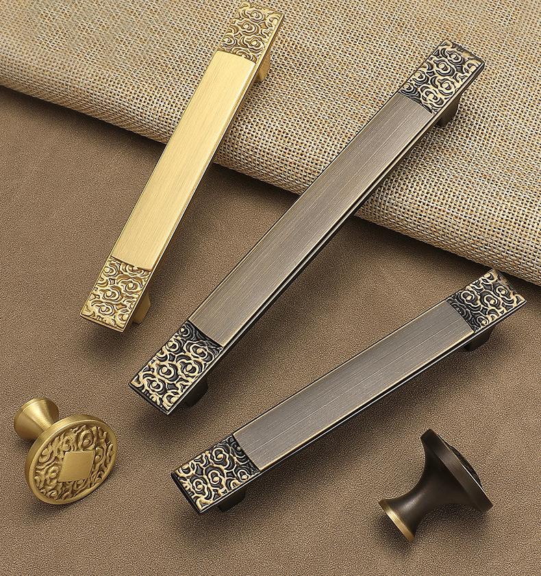Oriental Chinese Style Solid Brass Cabinet Handles Gold Drawer Pulls Carved Pattern Furniture Knobs Art Deco Door Handles Elegant Hardware
