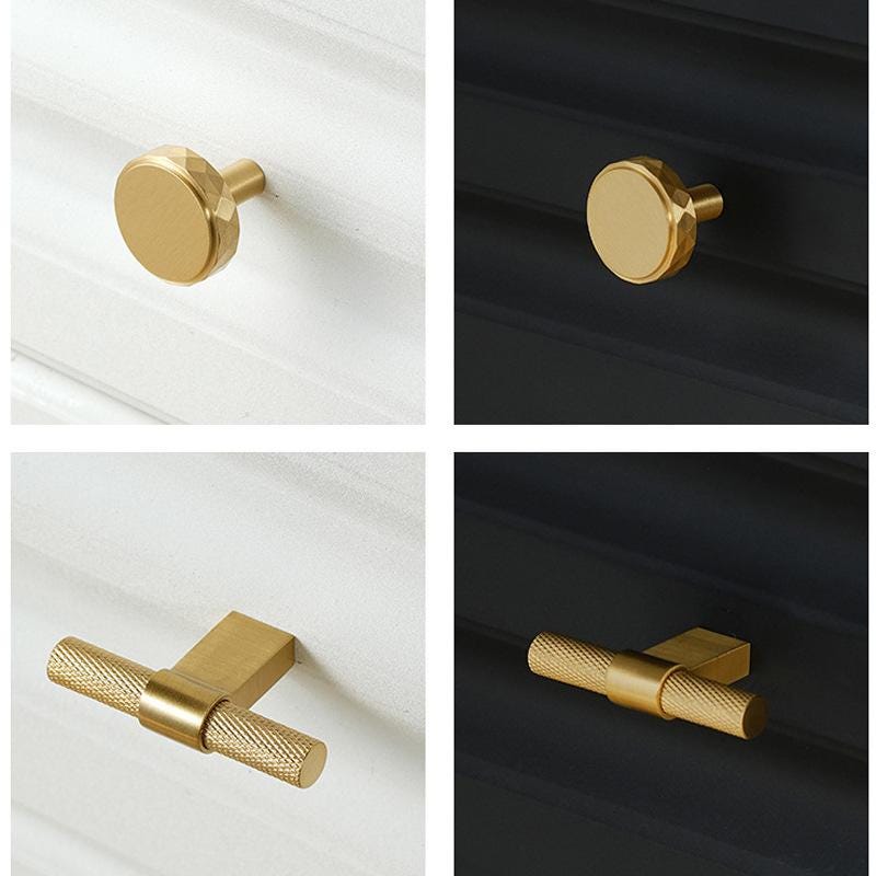 Solid Brass Cabinet Knobs Handles Set Brushed Gold Finish Modern Textured Pulls Kitchen Cabinets Wardrobe Drawers Furniture Doors