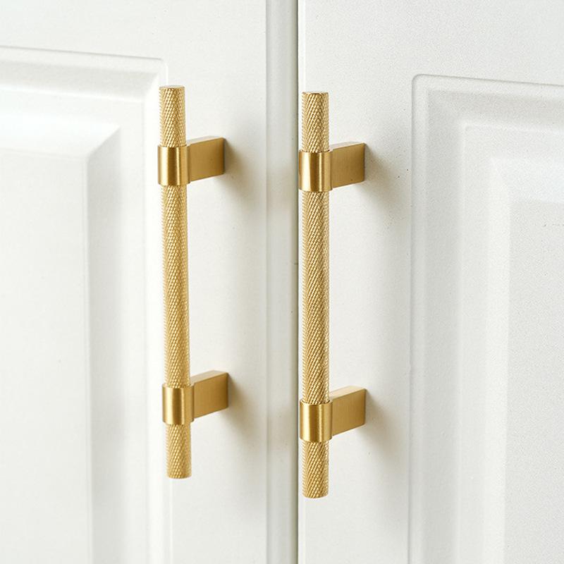 Solid Brass Cabinet Knobs Handles Set Brushed Gold Finish Modern Textured Pulls Kitchen Cabinets Wardrobe Drawers Furniture Doors