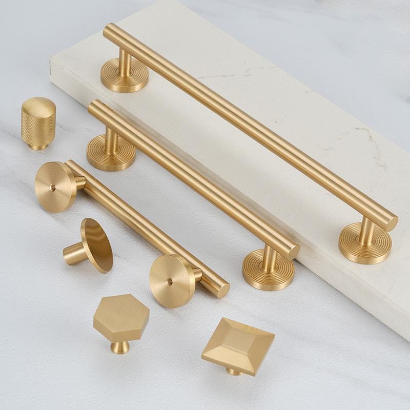 Solid Brass Cabinet Handles Knobs Set Brushed Gold Modern Pulls for Kitchen Cabinets Wardrobe Drawers Furniture Cupboard Closet Doors