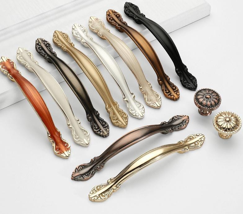 Vintage Baroque Metal Cabinet Handles Classic Drawer Pulls Gold Bronze Black Copper Ivory Furniture Knobs Retro Floral Door Hardware