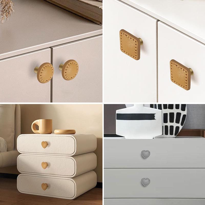 Leather Metal Cabinet Knobs for Kids Room Heart Round Square Drawer Pulls Colorful Modern Wardrobe Handles Soft Touch Furniture Hardware