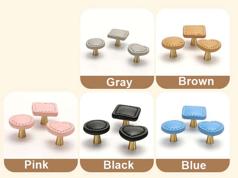 Leather Metal Cabinet Knobs for Kids Room Heart Round Square Drawer Pulls Colorful Modern Wardrobe Handles Soft Touch Furniture Hardware