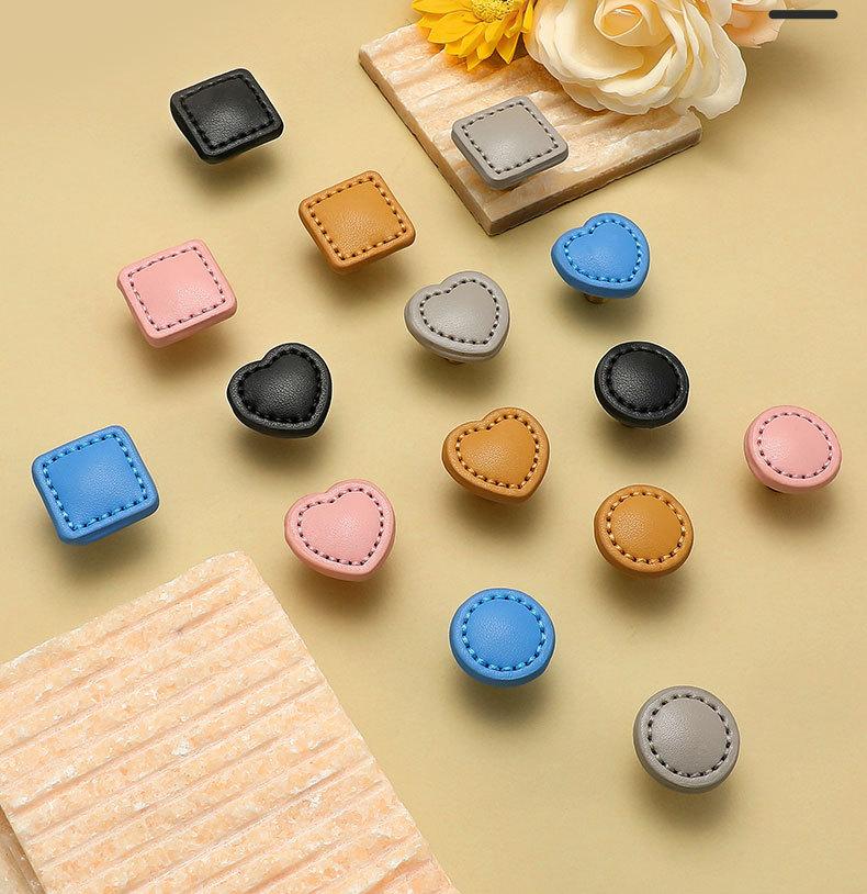 Leather Metal Cabinet Knobs for Kids Room Heart Round Square Drawer Pulls Colorful Modern Wardrobe Handles Soft Touch Furniture Hardware
