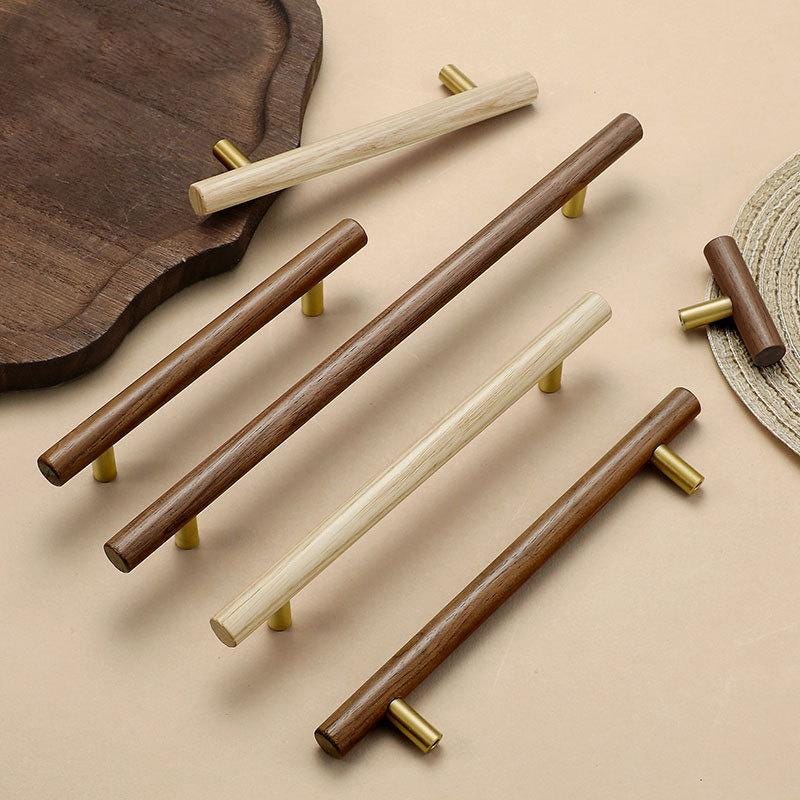 Scandinavian Wooden Metal Cabinet Handles Japandi Style Drawer Pulls Minimalist Natural Wood Knobs for Kitchen Wardrobe Furniture