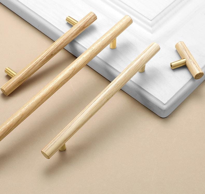 Scandinavian Wooden Metal Cabinet Handles Japandi Style Drawer Pulls Minimalist Natural Wood Knobs for Kitchen Wardrobe Furniture