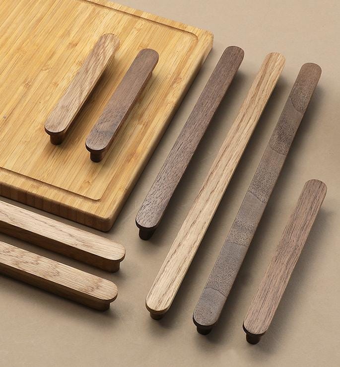 Minimalist Wooden Metal Cabinet Handles Japandi Drawer Pulls Scandinavian Solid Wood Knobs for Kitchen Wardrobe Furniture Closet Drawers