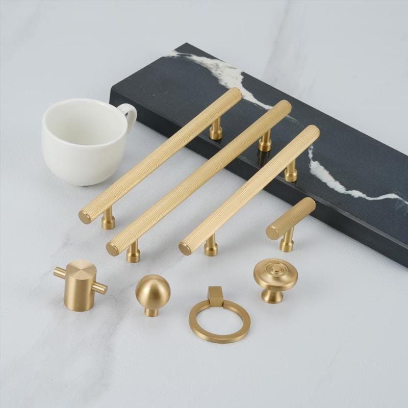 Solid Brass Cabinet Handles Knobs Ring Pulls Brushed Gold Furniture Hardware Kitchen Closet Drawer Modern Minimalist Interior Decor