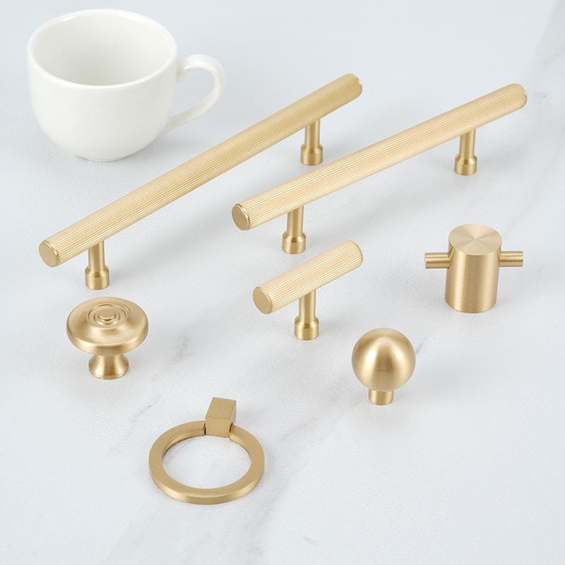 Solid Brass Cabinet Handles Knobs Ring Pulls Brushed Gold Furniture Hardware Kitchen Closet Drawer Modern Minimalist Interior Decor