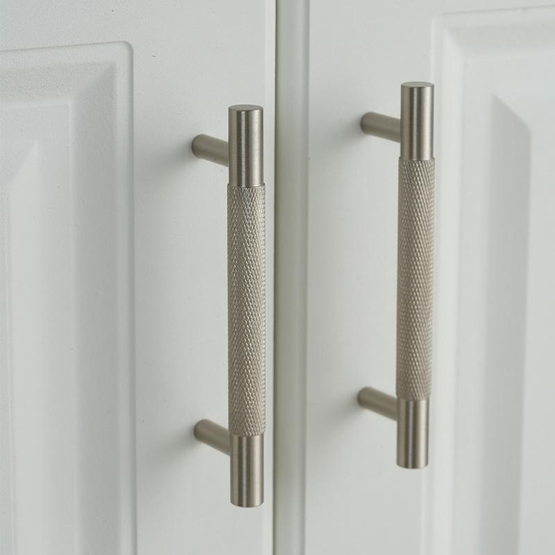 Solid Brass Knurled Texture Cabinet Handles Drawer Pulls Wardrobe Knobs Matte Nickel Finish Furniture Hardware Modern Industrial Style