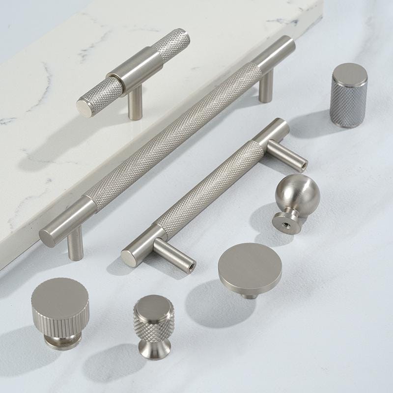 Solid Brass Knurled Texture Cabinet Handles Drawer Pulls Wardrobe Knobs Matte Nickel Finish Furniture Hardware Modern Industrial Style