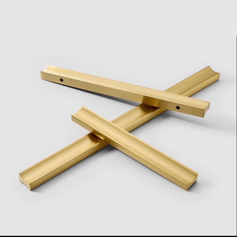 Solid Brass Edge Pulls Gold Kitchen Cabinet Handles Modern Minimalist Drawer Hardware for Wardrobe Dresser Cupboard Renovation