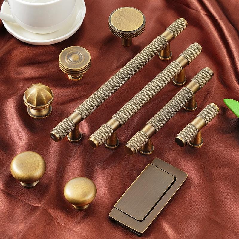 Solid Brass Knurled Cabinet Handles and Drawer Pulls in Antique Bronze Finish for Modern and Industrial Kitchen Bedroom Furniture