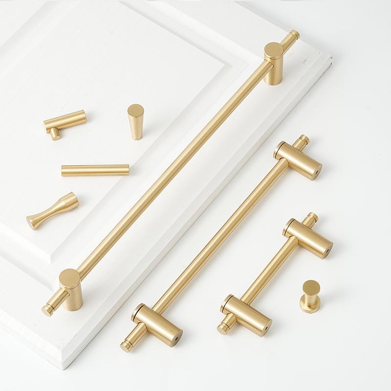 Solid Brass Cylinder Cabinet Pulls Minimalist Kitchen Handles T Knobs for Modern Drawers Wardrobes Cupboards in Gold Finish