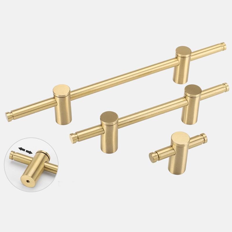 Solid Brass Cylinder Cabinet Pulls Minimalist Kitchen Handles T Knobs for Modern Drawers Wardrobes Cupboards in Gold Finish