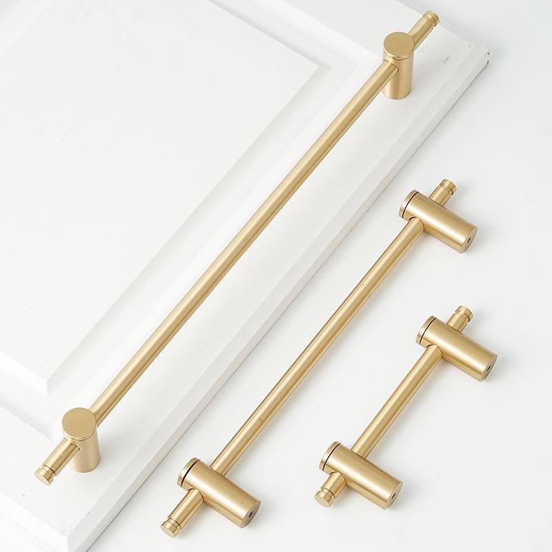 Solid Brass Cylinder Cabinet Pulls Minimalist Kitchen Handles T Knobs for Modern Drawers Wardrobes Cupboards in Gold Finish