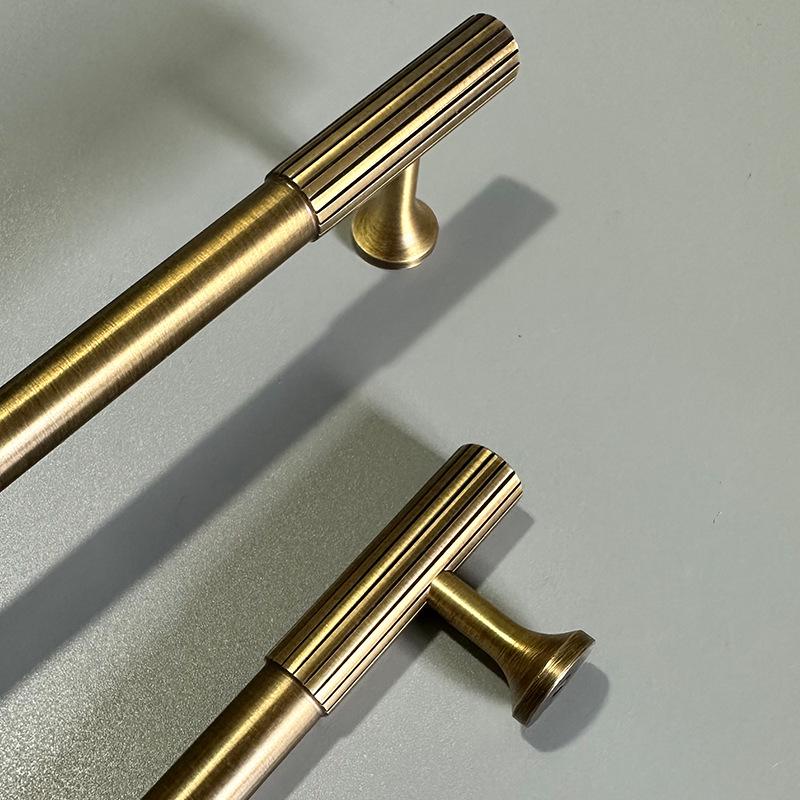 Solid Brass Textured Cabinet Handles Ribbed Drawer Pulls Bronze T Bar Round Knobs for Kitchen Dresser Wardrobe Furniture Hardware