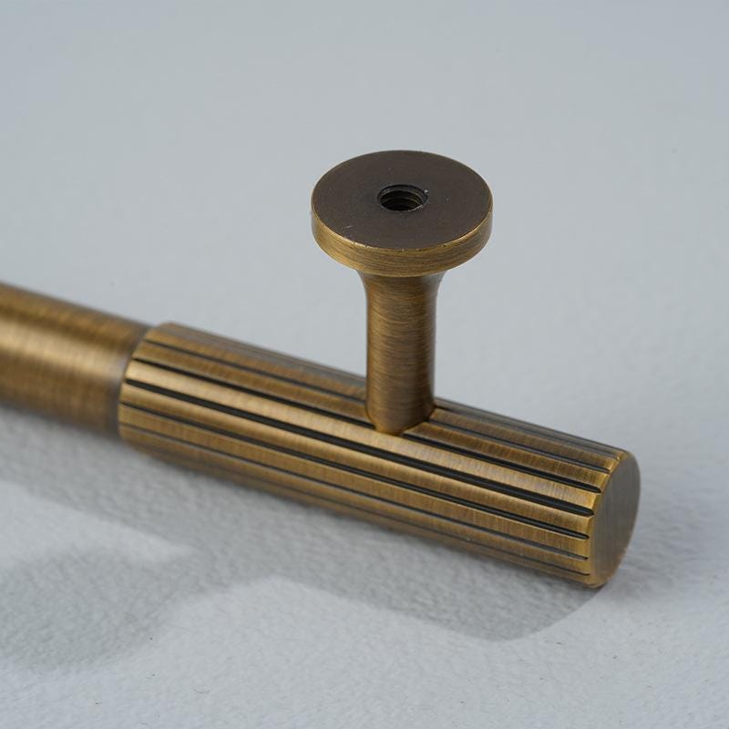 Solid Brass Textured Cabinet Handles Ribbed Drawer Pulls Bronze T Bar Round Knobs for Kitchen Dresser Wardrobe Furniture Hardware