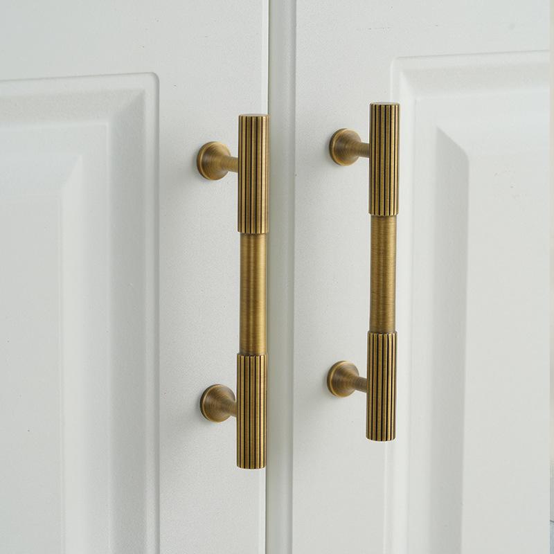 Solid Brass Textured Cabinet Handles Ribbed Drawer Pulls Bronze T Bar Round Knobs for Kitchen Dresser Wardrobe Furniture Hardware