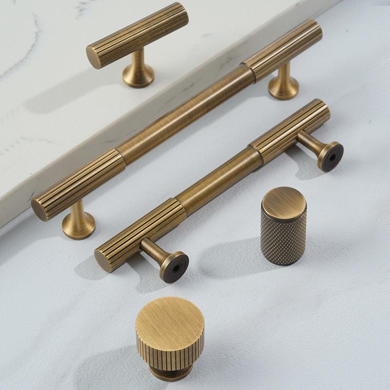 Solid Brass Textured Cabinet Handles Ribbed Drawer Pulls Bronze T Bar Round Knobs for Kitchen Dresser Wardrobe Furniture Hardware