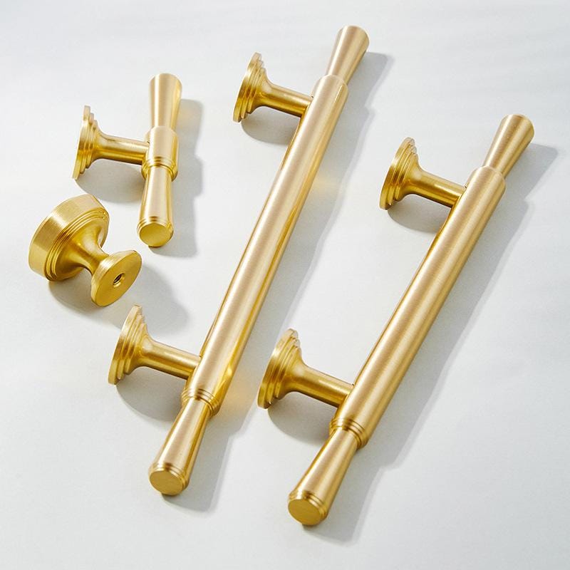 Solid Brass Drawer Pulls Gold Cabinet Handles Vintage Style T Bar Wardrobe Knobs Kitchen Cupboard Handles Brushed Finish Luxury Design
