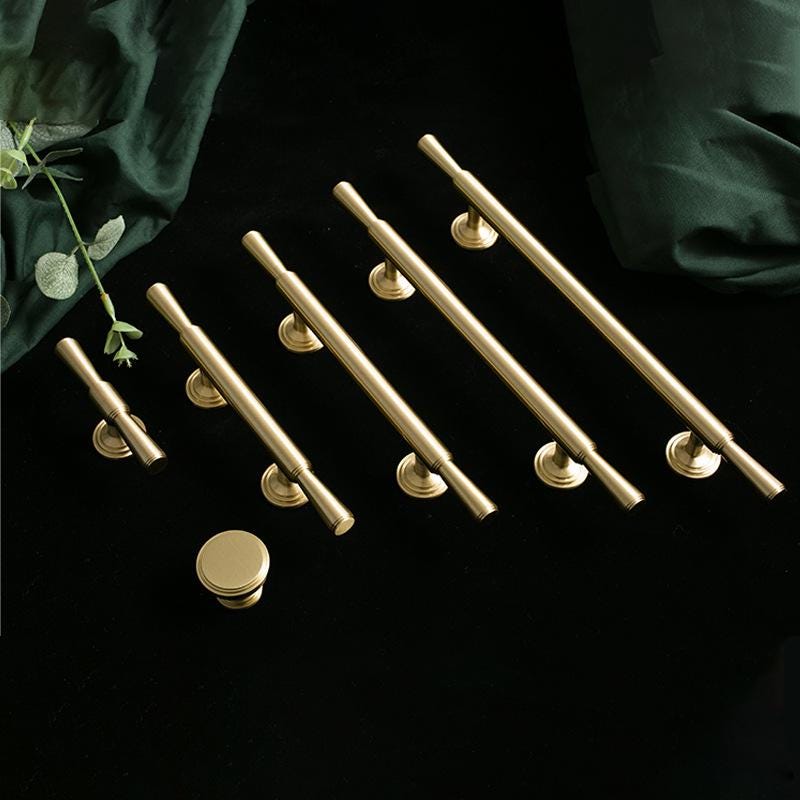 Solid Brass Drawer Pulls Gold Cabinet Handles Vintage Style T Bar Wardrobe Knobs Kitchen Cupboard Handles Brushed Finish Luxury Design