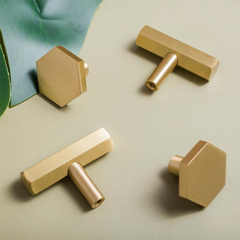 Solid Brass Hexagon Drawer Pulls Gold Cabinet Handles Minimalist T Bar Knobs Modern Kitchen Cupboard Hardware for Furniture and Wardrobe