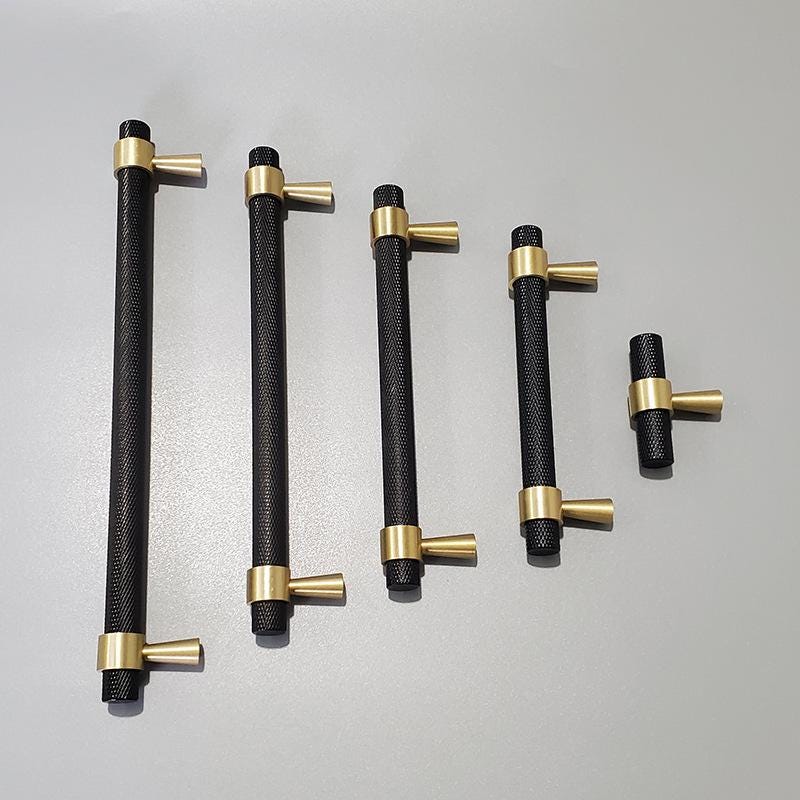 Solid Brass Knurled T Bar Cabinet Handles Gold Drawer Pulls Modern Textured Hardware for Kitchen Wardrobe Furniture and Cupboard Design