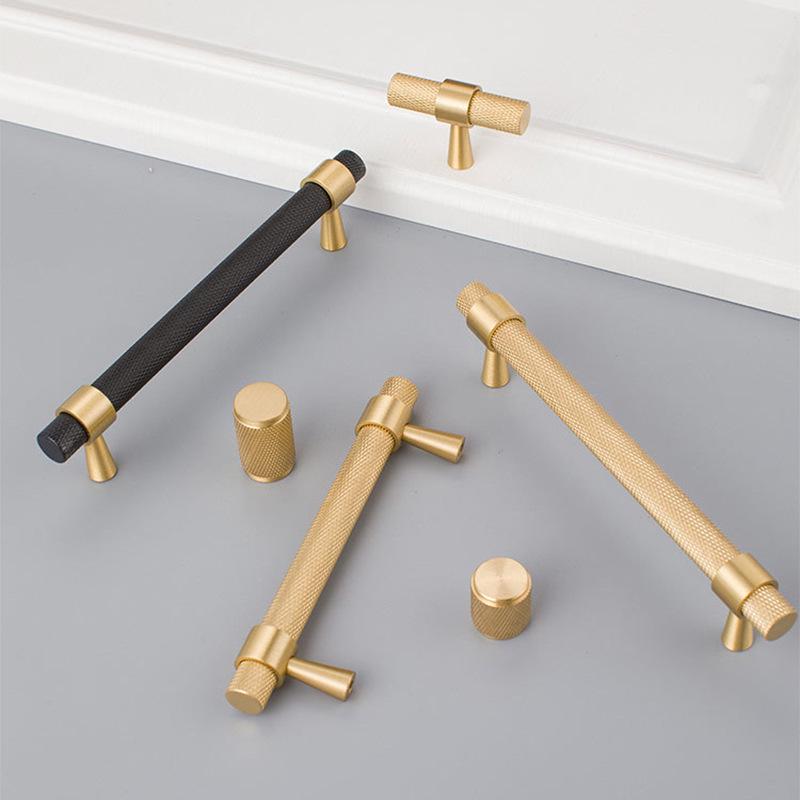 Solid Brass Knurled T Bar Cabinet Handles Gold Drawer Pulls Modern Textured Hardware for Kitchen Wardrobe Furniture and Cupboard Design