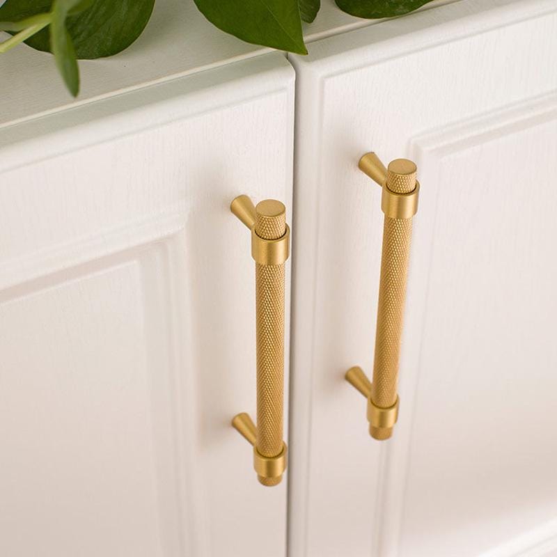 Solid Brass Knurled T Bar Cabinet Handles Gold Drawer Pulls Modern Textured Hardware for Kitchen Wardrobe Furniture and Cupboard Design
