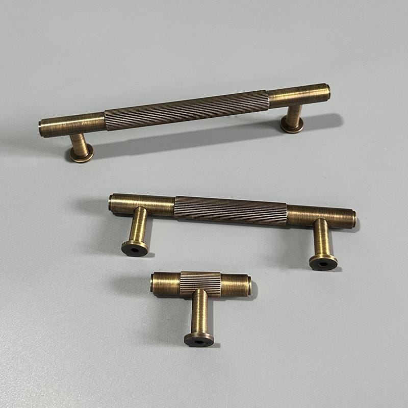 Solid Brass Textured T Bar Cabinet Handles Knurled Drawer Pulls Modern Brushed Gold Furniture Hardware for Kitchen Wardrobe Doors