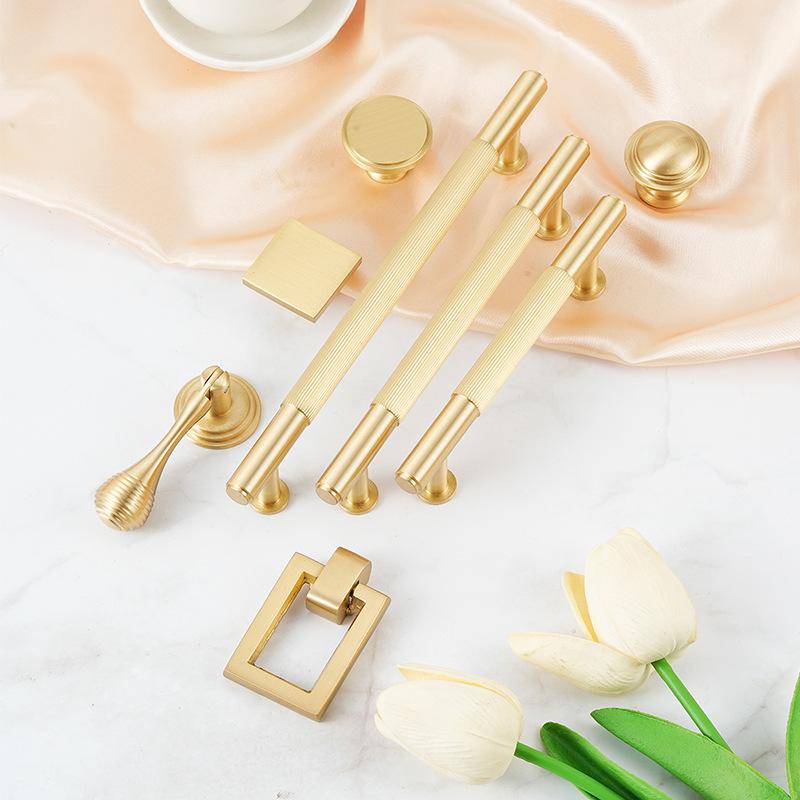 Solid Brass Textured T Bar Cabinet Handles Knurled Drawer Pulls Modern Brushed Gold Furniture Hardware for Kitchen Wardrobe Doors