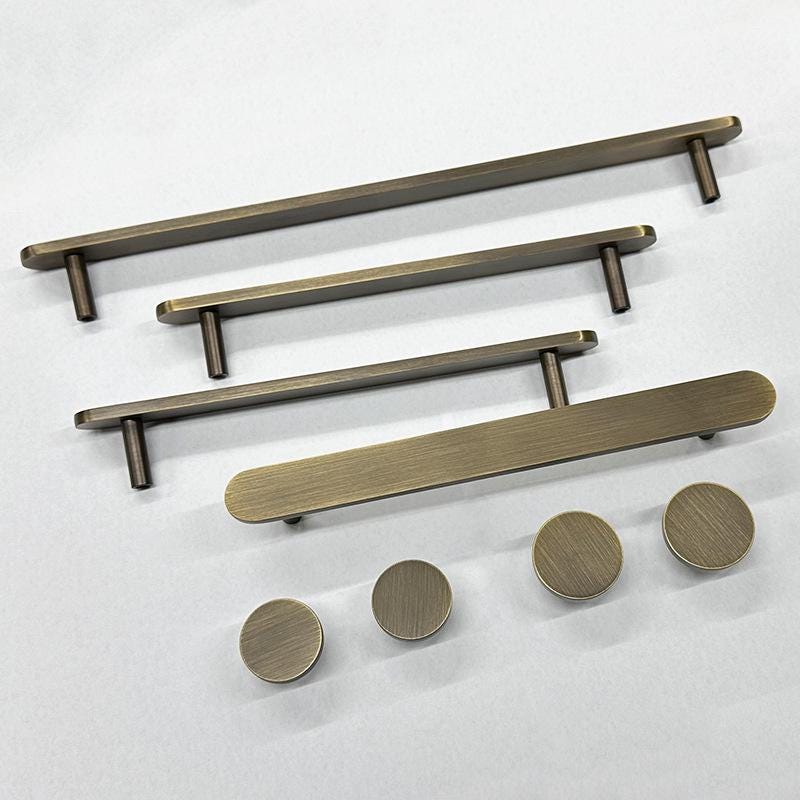 Solid Brass Minimalist Cabinet Handles and Round Knobs in Antique Bronze Finish for Modern Kitchen Drawers and Wardrobe Furniture