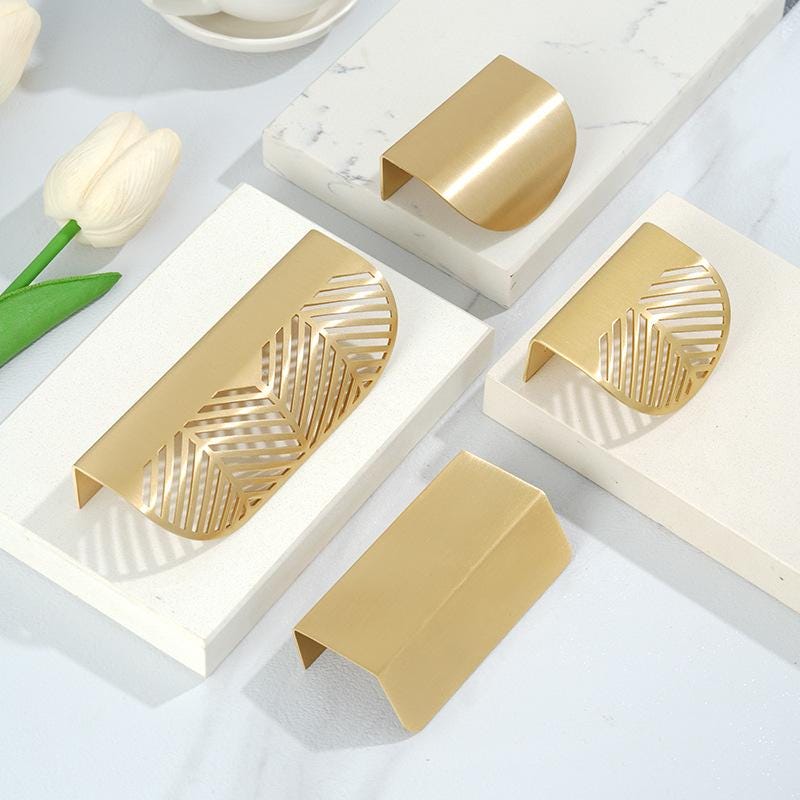 Solid Brass Gold Finger Pull Handles with Modern Cutout Leaf Design and Minimalist Edge Pulls for Kitchen Cabinets and Furniture Drawers