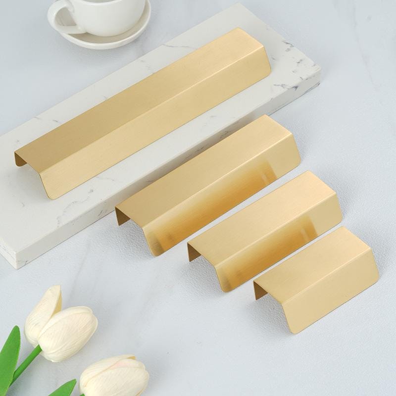 Solid Brass Gold Finger Pull Handles with Modern Cutout Leaf Design and Minimalist Edge Pulls for Kitchen Cabinets and Furniture Drawers