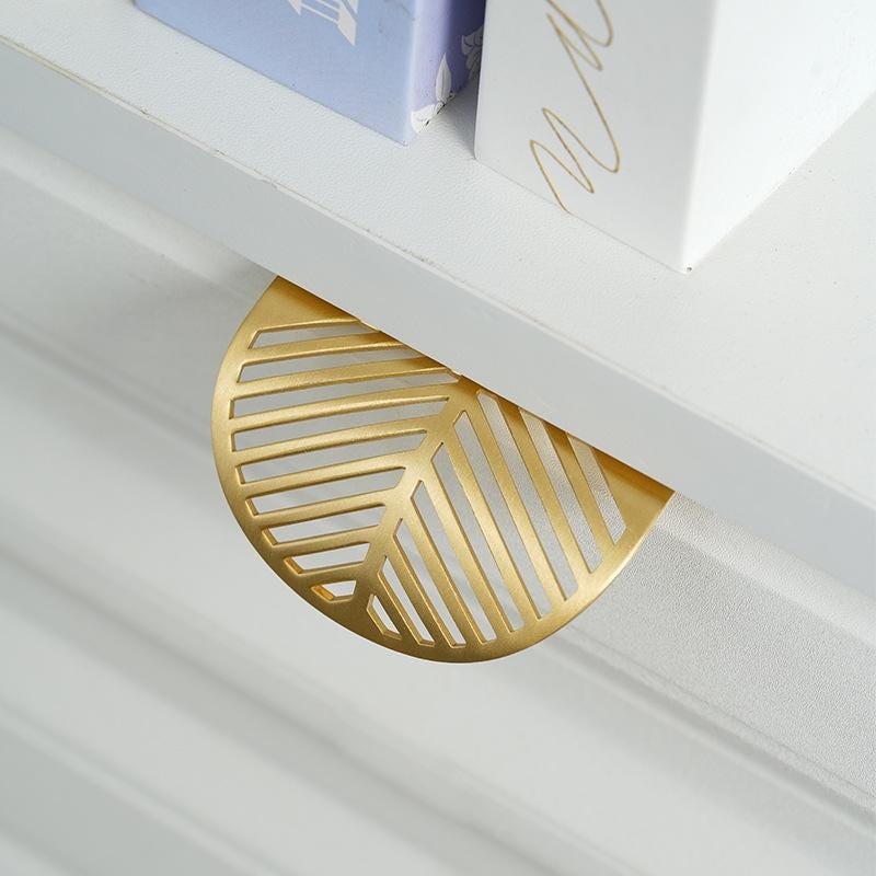 Solid Brass Gold Finger Pull Handles with Modern Cutout Leaf Design and Minimalist Edge Pulls for Kitchen Cabinets and Furniture Drawers
