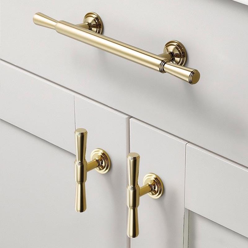 Polished Solid Brass Cabinet Handles in Classic Style Featuring T-Bar and Knob Designs for Luxury Kitchens and Elegant Furniture Drawers